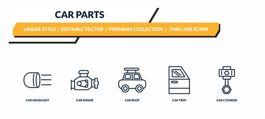 Fototapeta premium car parts icons set - car headlight, car engine, roof, trim, cylinder outline vector collection.