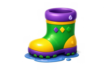 Vibrant mardi gras rain boot with colorful design on puddle, perfect for festive holiday decor