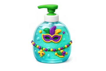Mardi gras hand sanitizer design with festive mask and beads illustration