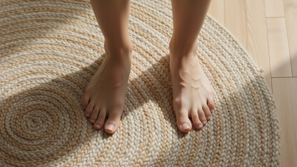 Bare feet standing on a round braided rug. Top view of human feet on a light wooden floor in a home. Morning routine and comfort concept