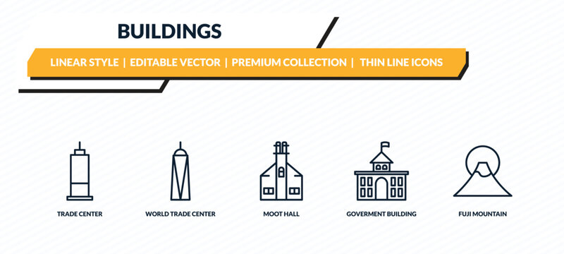 buildings icons set - trade center, world trade center, moot hall, goverment building, fuji mountain outline vector collection.