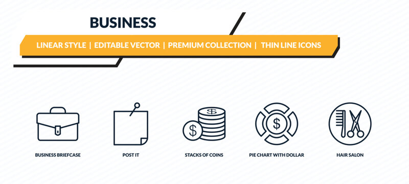 business icons set - business briefcase, post it, stacks of coins, pie chart with dollar, hair salon outline vector collection.