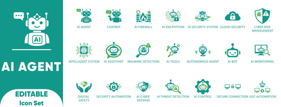 AI Agent Artificial Intelligence Cyber Security Robot Chatbot Automation Vector Icon Set