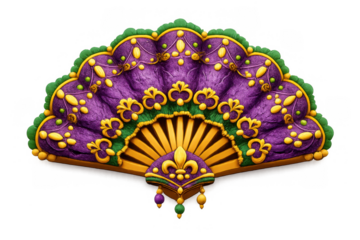 Ornate mardi gras fan design featuring purple and gold details