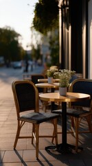Cozy Cafe Terrace with Small Round Tables and Chairs Under Soft Evening Light