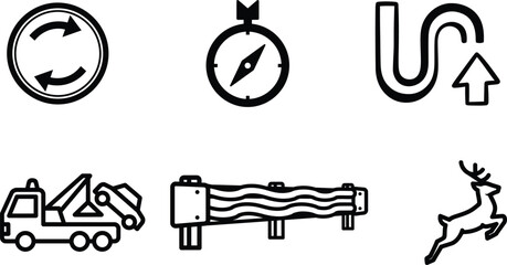 Collection of six black line icons for navigation and road signs