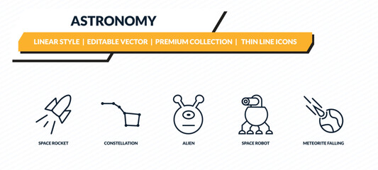 astronomy icons set - space rocket, constellation, alien, space robot, meteorite falling outline vector collection. © IconArt