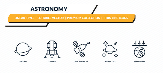 astronomy icons set - saturn, lander, space module, astrology, aerosphere outline vector collection. © IconArt