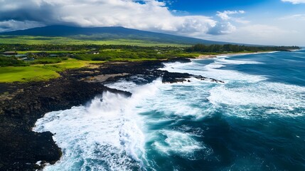 Fototapeta premium Aerial view of ocean waves crashing against dark volcanic rocks