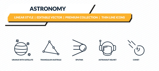 astronomy icons set - uranus with satellite, triangulam australe, sputnik, astranaut helmet, comet outline vector collection. © IconArt