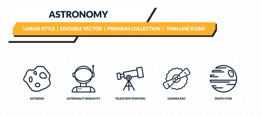 astronomy icons set - asteroid, astronaut ingravity, telescope pointing up, gamma ray, death star outline vector collection. © IconArt