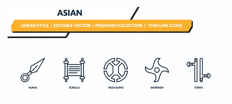 asian icons set - kunai, scrolls, mizu gumo, shuriken, tonfa outline vector collection.