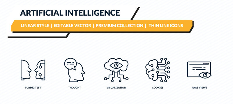 artificial intelligence icons set - turing test, thought, visualization, cookies, page views outline vector collection.