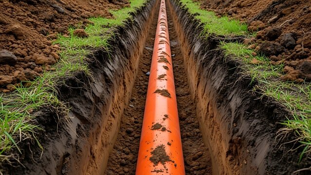 Orange pipe laid in a trench for underground utility construction.