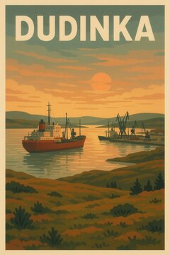 Sunset view of Dudinka port illustrated with docked ships, industrial cranes, gentle water reflections, and a grassy foreground under an orange-hued sky
