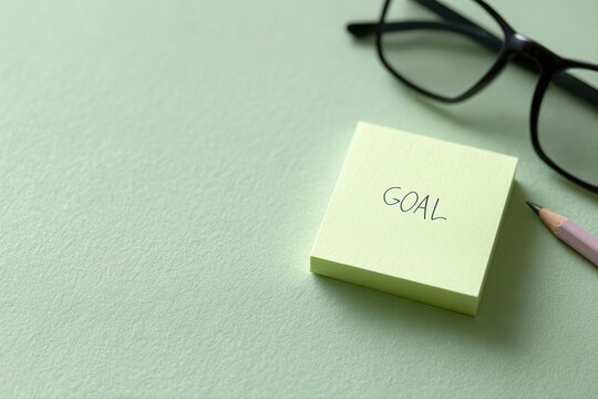 January 2026 calendar with post-it note word GOAL, pencil and eyeglasses on green background, New Year planning and resolution concept