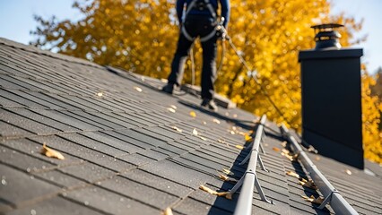 Roofer wearing safety harness working on a residential roof with autumn foliage in the background.