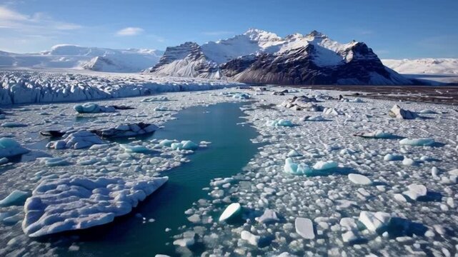 Infinitely, Infinitely polar snowy desert in Antarctica. South Pole frost surface. Scientific base. Snow covered mountains on horizon. Aerial view flight. Ice Landscape. Winter frozen ground drone fly
