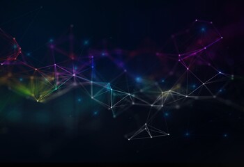 Multi-colored abstract data network background with glowing nodes and connecting lines for cloud computing and global connectivity concepts.