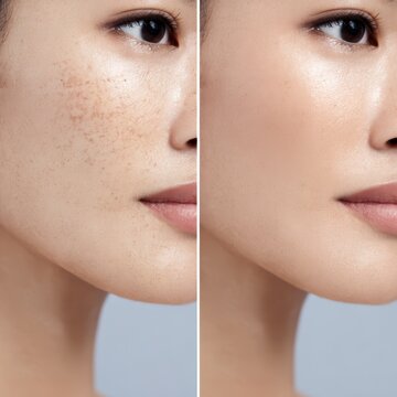 Before and after laser treatment skin retouch comparison, freckles and pigment spot removal on Asian woman face, dermatology concept