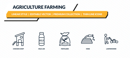 agriculture farming icons set - chicken coop, milk jar, fertilizer, hose, lawnmower outline vector collection. © IconArt