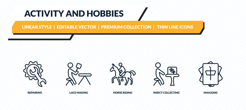 activity and hobbies icons set - repairing, lace making, horse riding, insect collecting, mahjong outline vector collection.