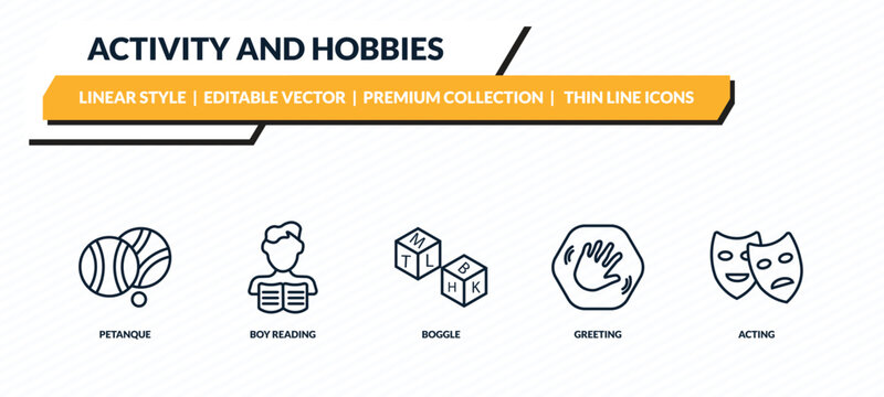 activity and hobbies icons set - petanque, boy reading, boggle, greeting, acting outline vector collection.