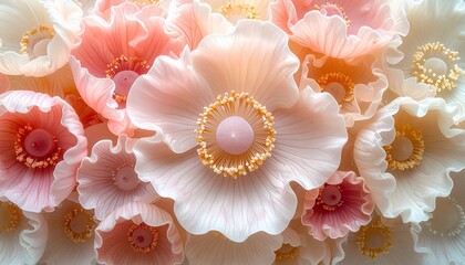 Overhead close-up view of delicate, layered flowers in soft shades of pink and cream
