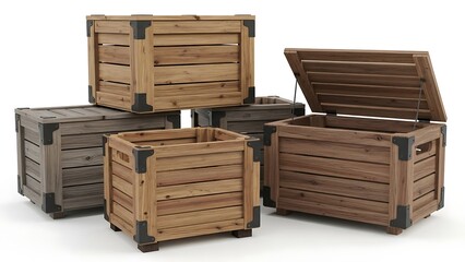 Vintage wooden crates stacked and arranged on a white background.