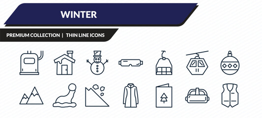 winter icons set - heater, winter cabin, snowman, goggles, anorak vest outline vector collection. © IconArt