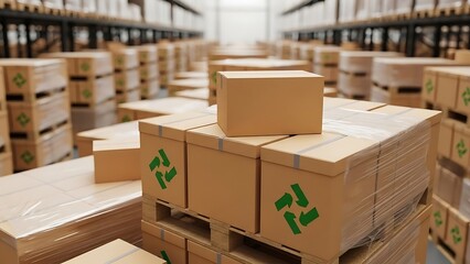 Warehouse interior with stacked cardboard boxes and pallets, logistics and storage concept.
