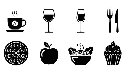 Minimalist Game Controller Darts Board Wine Glasses Icons on Black Background
