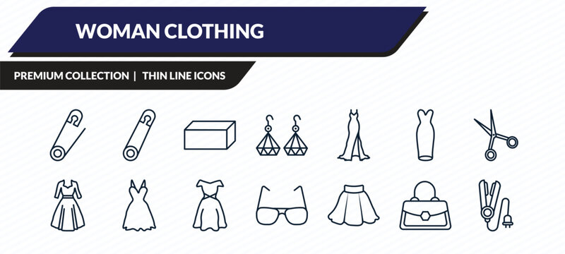woman clothing icons set - safety pin, perdible pin, rectangular, handbag elegant, hair iron outline vector collection.