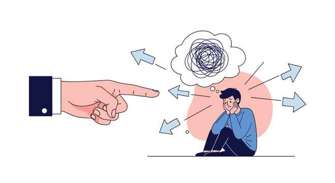Large pointing finger accusatively targets a cowering man with tangled thoughts and diverging arrows, symbolizing blame, stress and judgment.