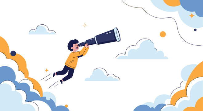 A happy child flies through clouds holding a large telescope symbolizing imagination dreams exploration and future vision.