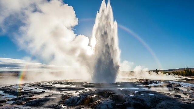 Geysers erupting with force, water vapor and steam rising high into a clear blue sky with a partial rainbow visible on a sunny day from a low viewpoint