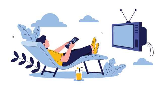 A man relaxes on a lounge chair watching an old television with a drink representing leisure and enjoyable downtime.