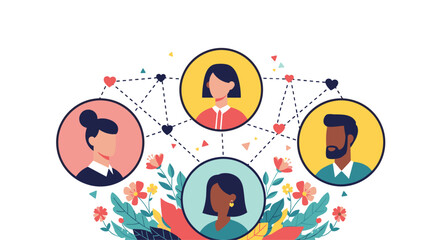 Fototapeta premium A social network of diverse people's profile icons connected by dotted lines and hearts symbolizing community and online relationships.