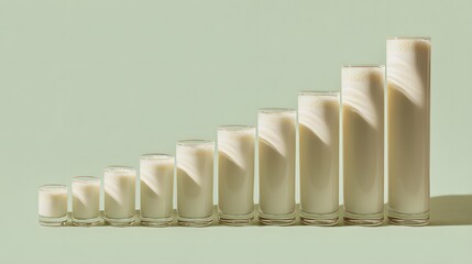 Milk glasses in ascending order on green background