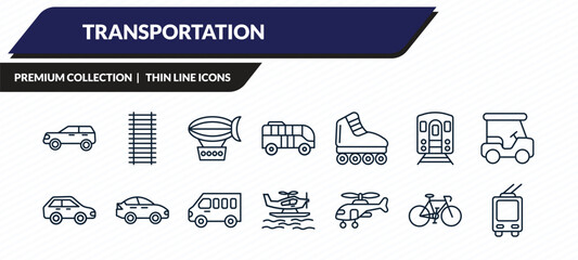 transportation icons set - suv, railway line, zeppelin, vintage bicycle, trolleybus outline vector collection. © IconArt