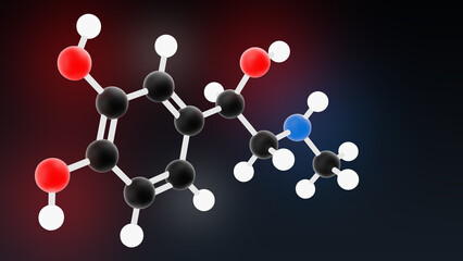 Adrenalin, epinephrine molecule on dark background with copy space. Molecular model. 3D rendering. Illustration © bacsica
