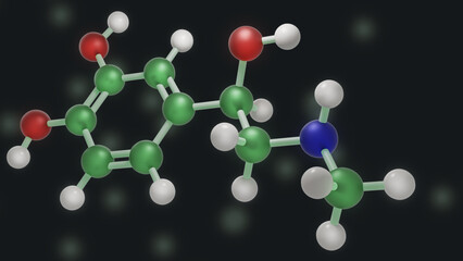 Adrenalin, epinephrine molecule on dark background. Molecular model. 3D rendering. Illustration © bacsica