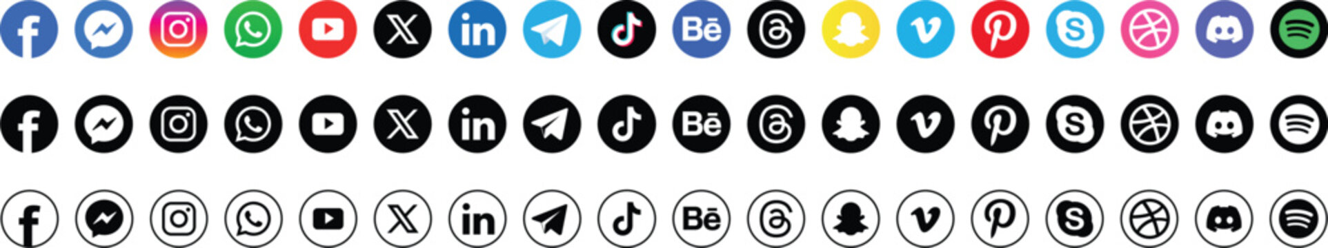 Set of Social media app icons vector for popular social networks and messaging apps_including facebook, instagram, tiktok, bluesky, threads, whatsapp, linkedin, x, pinterest, youtube, spotify etc
