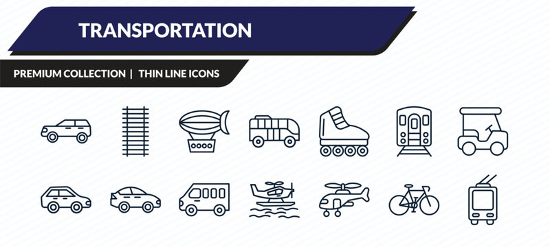 transportation icons set - suv, railway line, zeppelin, vintage bicycle, trolleybus outline vector collection.