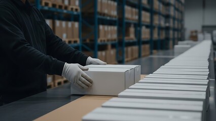 Warehouse worker wearing gloves places a box on a conveyor belt for shipping and logistics.