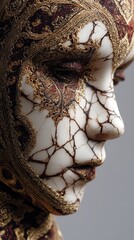 Closeup Cracked Doll Face Porcelain Red Black Lines Mask Design