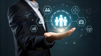 Businessman presenting digital team collaboration network with futuristic interface