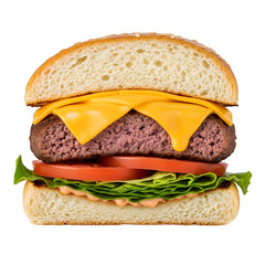 A close-up view of a cheeseburger with lettuce and tomato on a bun