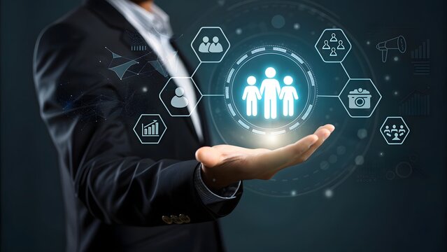 Businessman presenting digital team collaboration network with futuristic interface - Powered by Adobe