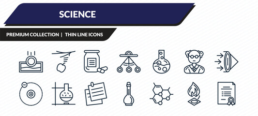 Naklejka premium science icons set - submerge, gravity, medicines, burner, bond outline vector collection.